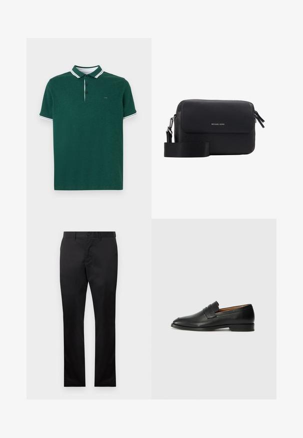 Polo skjorte i mørkegrønn med hvite striper på kragen og ermene, har tre-knapp skjorteparti, myk tekstur og brodert logo på brystet.; Svarte bomullsbukser med rett ben-design, med knappelukking foran og sidelommer, glatt tekstur, uten synlige mønstre.; Svart skinnloafer med rund tå, subtilt sydd detaljering og lav hæl, med en glatt tekstur og minimalistisk design.; Svart lær crossbody-veske med prikkete tekstur, klaffelukking, sølvlogo og justerbar stropp. Kompakt rektangulær form.