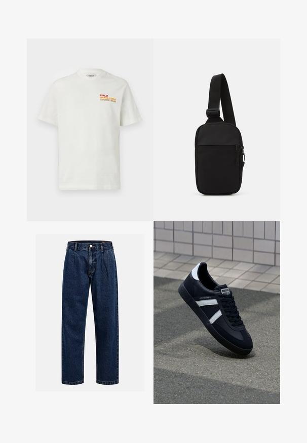 Witte katoenen t-shirt met korte mouwen, met een kleurrijk geborduurd logo "REPLAY MONTE-CARLO COUNTRY CLUB" op de voorkant links.; Donkerblauwe denim jeans met een rechtlopende pasvorm. Beschikt over zichtbare stiksels, een knoopsluiting en voorste plooien voor extra detail.; Zwarte leren sneaker met witte strepen, een gestructureerde rubberen zool en vetersluiting aan de voorkant. Voorzien van een merklabel op de tong.; Zwarte schoudertas gemaakt van duurzaam stof, met een enkele verstelbare schouderband, een gepartitioneerd hoofdcompartiment met rits en een voorvak.