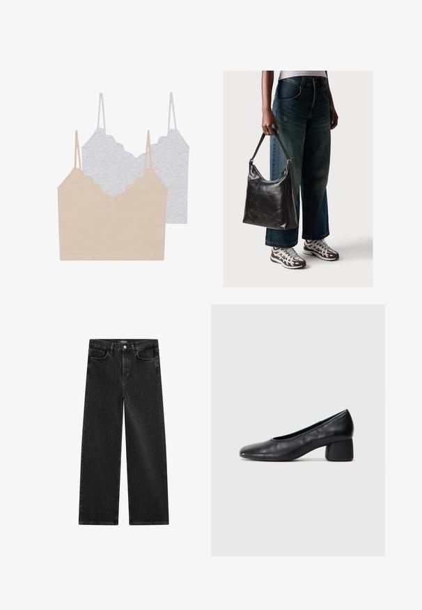 Zwei Träger-Tops: eines in Beige und das andere in Hellgrau. Jedes hat dünne Träger und einen gewellten Ausschnitt, gefertigt aus einem weichen, dehnbaren Stoff.; Weite schwarze Denim-Jeans mit feinem vertikalen Streifenmuster, ausgestattet mit einem Fünf-Taschen-Design und einem klassischen Knopfverschluss an der Taille.; Schwarze Lederpumps mit runder Zehenpartie und mittelhohem Blockabsatz. Glatte Textur mit minimalen Details, ausgestattet mit einem dezenten elastischen Einstieg.; Schwarze Leder-Schultertasche mit glatter Textur und verstellbarem Riemen, kombiniert mit ausgewaschenen weit geschnittenen Jeans und sportlichen Sneakern.