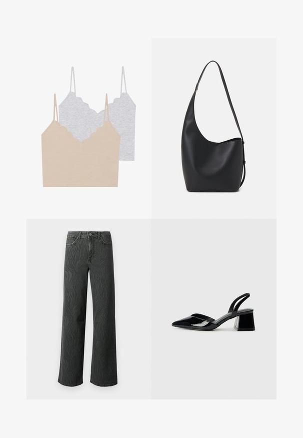 Two camisole tops: one beige and one light gray. Each features thin straps and a scalloped neckline, made from a soft, stretchy fabric.; Wide-leg jeans in dark gray denim, featuring a subtle zebra-pattern texture, contrast stitching, and five-pocket design with a button fly.; Black patent leather slingback heels with a pointed toe and a geometric block heel. Features a sleek, minimal design and smooth texture.; Black leather hobo bag with a smooth texture, curved shape, and single adjustable strap; features a wide opening at the top.