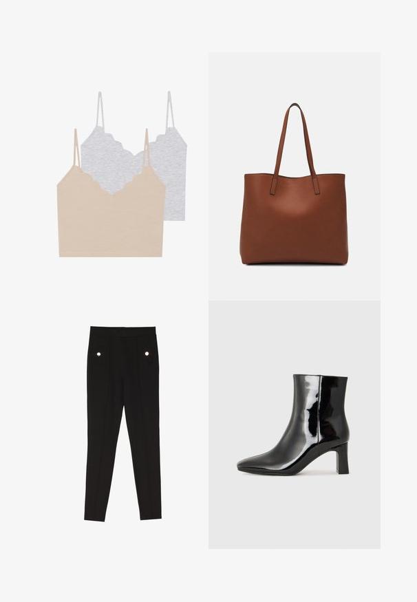 Two camisole tops: one beige and one light gray. Each features thin straps and a scalloped neckline, made from a soft, stretchy fabric.; Black tailored pants with a smooth texture, featuring two front pockets with decorative hardware accents, and a slim-fit design.; Black patent leather ankle boot with a pointed toe and a mid-height block heel. Smooth texture and minimalist design.; Brown leather tote bag with a smooth texture, open top design, and two shoulder straps. Features minimal stitching and no visible hardware.