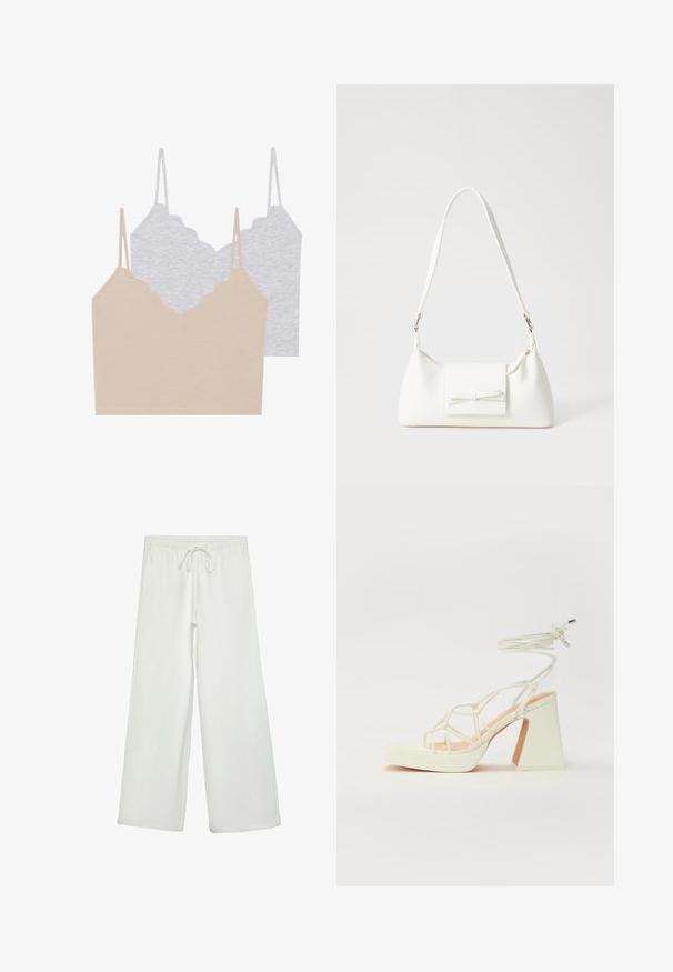 Zwei Träger-Tops: eines in Beige und das andere in Hellgrau. Jedes hat dünne Träger und einen gewellten Ausschnitt, gefertigt aus einem weichen, dehnbaren Stoff.; Weiße, weit geschnittene Hose aus weichem Stoff. Mit einem elastischen Bund und einem Kordelzug sowie einer glatten Oberfläche. Keine sichtbaren Muster oder Hardware.; Weiße High-Heel-Sandale mit einem klobigen Absatz, die über ein Riemchendesign und ein Knöchelband verfügt. Glatte Textur mit einer Plattform vorne für zusätzliche Höhe.; Weiße synthetische Handtasche in dreieckiger Form, flache Vorderklappe und Schleifendetail, verstellbarer Trageriemen, glatte Textur und minimalistisches Design.