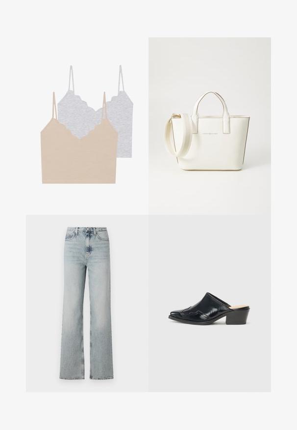 Dos camisetas sin mangas: una beige y una gris claro. Cada una cuenta con tirantes finos y un escote en forma de onda, fabricadas con un tejido suave y elástico.; Jeans de mezclilla de tiro alto, en un tono azul claro, con una silueta de pierna ancha, que cuentan con cinco bolsillos y un ligero desvanecimiento en la tela.; Mules de charol negro con punta afilada, un diseño curvado y un tacón bajo en bloque que presenta costuras decorativas a lo largo del parte superior.; Bolso de mano de cuero sintético blanco con asas cortas, correa de hombro ajustable y herrajes en tono dorado; presenta un sutil logo en la parte frontal.