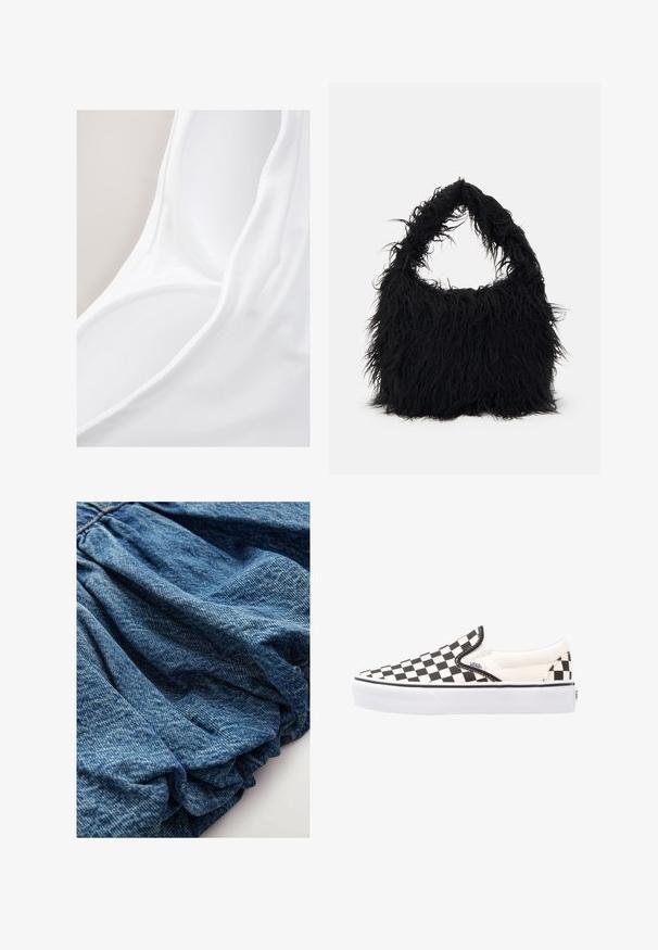 Witte stof met een gladde textuur, met een gedrapeerd ontwerp en zachte randen, met een eenvoudige, minimalistische esthetiek.; Denim stof in een diepe blauwe tint, met een gekreukte textuur die zachte vouwen creëert. Glad oppervlak met subtiele kleurvariaties.; Zwart-wit geblokte slip-on Vans schoenen met een canvas bovenwerk, rubberen buitenzool en gewatteerde kraag. Vlakke, ronde neus met witte zoolaccenten.; Even&Odd Shopper - black