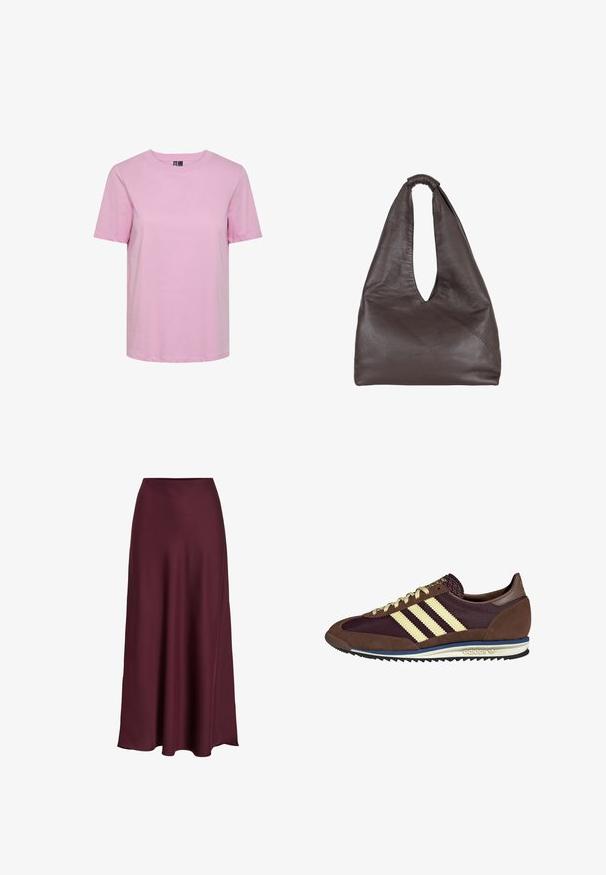 Pieces PCRIA SS SOLID TEE NOOS - T-shirt - bas - pastel lavender; Bordeaux satängmaxikjol med en slät textur, hög midja och en flödande silhuett som vidgar sig försiktigt mot nederdelen.; Bruna och burgundy sneakers i mocka och mesh-material, med tre krämfärgade ränder, textil på tungan och en gummisula.; Brun läderväska med en slapp, överdimensionerad design. Har ett ögla-handtag och en djup V-skuren öppning för enkel åtkomst. Mjuk textur, minimalistisk stil.
