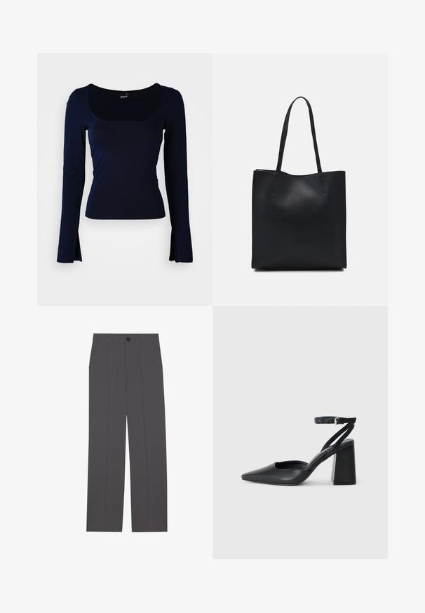 Tumedat pikkade varrukatega pluus ruudukujulise kaelusega, valmistatud siledast ja venivast kangast. Omab istuvat disaini ja veidi laienevaid varrukaotsi.; Hallid hallid püksid otse jala lõikega, millel on kaks küljetaskut ja nööbisahtel. Sile kangas ilma nähtavate mustrite või aktsentideta.; Mustmustest must-käigukingad, millel on konksuga nöör ja paks konts. Ühtlane tekstuur, stiilne disain ja minimalistlik esteetika.; Mustast nahast kott sujuva tekstuuriga, ristkülikukujuline ja kahe pika sangaga. Pole nähtavat riistvara ega kaunistusi.