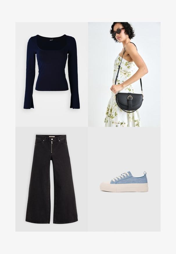 Jūras spēku tumši zils krekls ar kvadrātveida dekoltē, izgatavots no gludas, elastīgas auduma. Tam ir pieguļošs dizains un nedaudz plati piedurkņu gali.; Platas kājas džinsi melnā džinsa audumā ar rāvējslēdzēju priekšā, piecu kabatu dizains un smalkas šuvju detaļas. Gluda tekstūra un ikdienišķs stils.; Gaiši zili kanvas sneakeri ar krēmkrāsas gumijas pirksta aizsargu un ārējo zoli, aprīkoti ar baltām šņorēm un cilpu uz papēža.; Melnas ādas rokassoma ar izliekta formu, noņemamu siksnu un zelta aksesuāriem. Somai ir vāciņš ar sprādzes detaļu.