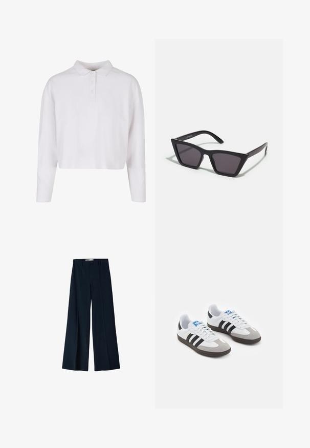 White cropped long-sleeve polo shirt with a fold-down collar, button placket, and a smooth cotton texture. No patterns or accents.; Navy wide-leg trousers made from a smooth fabric, featuring two front pleats and a single button closure at the waist.; Sport shoes with a white leather upper, gray suede toe, and three black stripes. Features a blue logo on the tongue and a textured rubber sole.; Black, angular sunglasses with gray lenses; made of plastic, featuring thick arms with a smooth surface and no visible hardware.