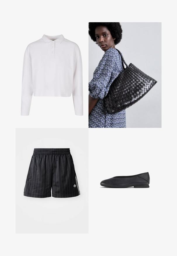 Weißes, kurz geschnittenes Langarm-Polohemd mit umklappbarem Kragen, Knopfleiste und einer glatten Baumwolltextur. Keine Muster oder Akzente.; Schwarze Sportshorts mit weißen vertikalen Streifen, elastischem Bund und Seitentaschen. Mit markiertem Logo in Weiß auf der unteren linken Seite.; Schwarze Lederflats mit runder Zehenpartie und niedrigem Absatz, geeignet für Freizeit- oder formelle Anlässe.; DRAGON DIFFUSION SANTA CROCE BIG - Handtasche - black