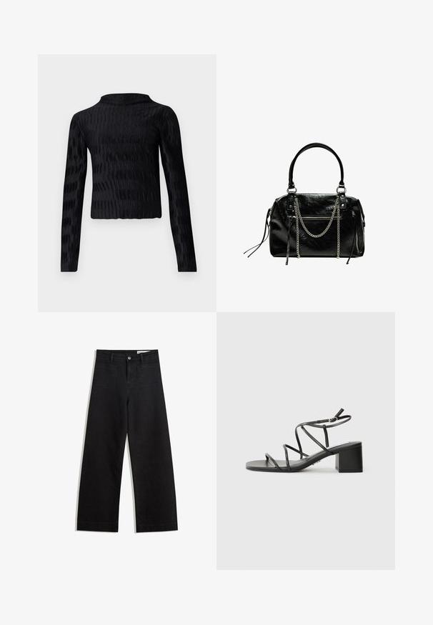 Fekete hosszú ujjú, crop fazonú felső, texturált, hullámos mintával. Klasszikus gallérral és sima anyagú kivitelben készült.; Fekete, bő szabású farmernadrág magas derékkal, elülső és hátsó zsebekkel, varrott felületekkel és gombos záródással. Sima textúra.; Fekete pántos szandál négyzetes orral és vastag sarokkal, sima anyagból készült. Állítható bokapántokkal és minimális fém részletekkel rendelkezik.; Bershka WITH CHAIN - Kézitáska - black