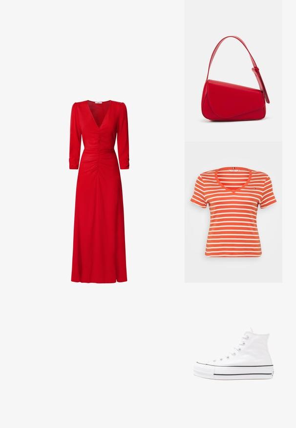 T-shirt à rayures rouges et blanches à manches courtes avec un décolleté en V et un petit logo sur la poitrine gauche. Fabriqué dans un matériau doux et extensible.; Robe rouge avec un décolleté en V, des manches trois-quarts et des détails froncés à la taille et dans le dos. Le tissu semble lisse et léger.; Baskets montantes en toile blanche avec semelle en caoutchouc noir, capuchon en caoutchouc à l'avant, et six œillets pour les lacets, présentant un design épuré et minimaliste.; Sac à main en cuir rouge avec un design angulaire et géométrique. Il dispose d'une seule sangle ajustable et d'une fermeture à rabat avec un detailing cousu.