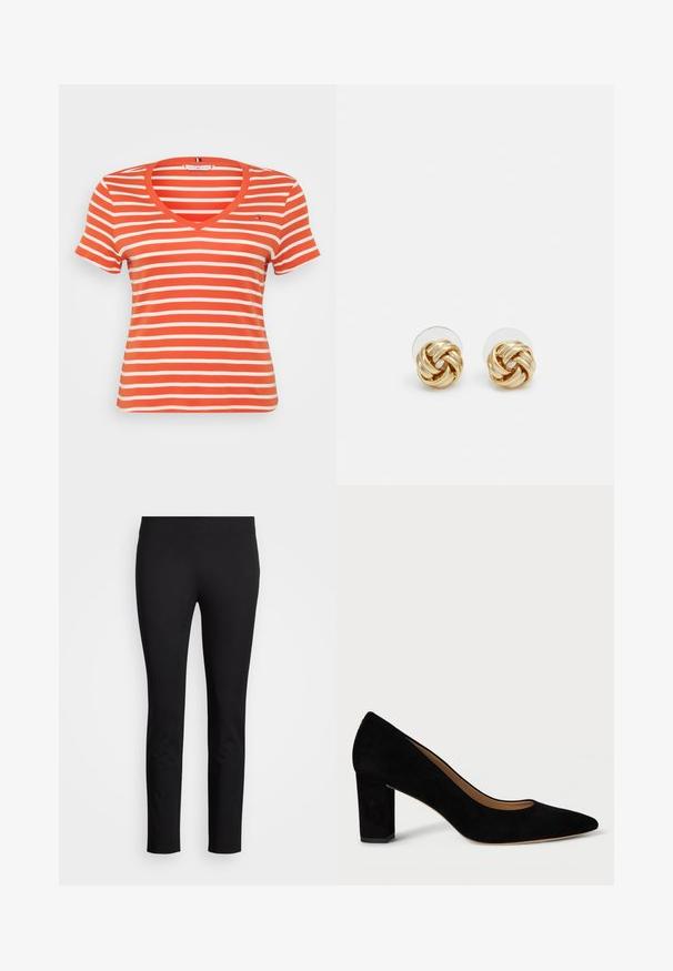 Tricou cu mânecă scurtă în dungi roșii și albe, cu decolteu în V și un logo mic pe pieptul stâng. Fabricat dintr-un material moale și elastic.; Colanți negri din material elastic, cu un design ajustat și o textură netedă, fără modele sau accente vizibile.; Pantof cu toc înalt din suede negru, cu vârful ascuțit și toc pătrat. Designul prezintă o textură netedă și o siluetă clasică.; Cercei cu tija aurie, cu un design răsucit. Fiecare cercel are un fundal circular transparent pentru o purtare sigură.