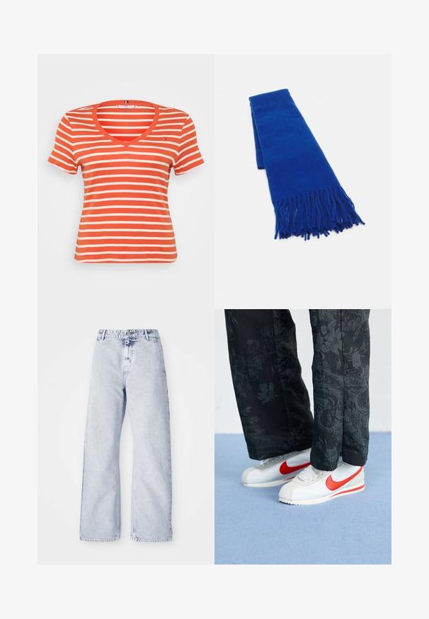 Crveno-bijela prugasta kratkosti rukava majica s V-izrezom i malim logotipom na lijevoj strani prsnog koša. Izrađena od mekog, rastezljivog materijala.; Svijetloplave traper široke hlače s visokim strukom, zatvaranjem na gumbe i dizajnom sa pet džepova. Mekani materijal i vidljive detalje šivanja.; Bijele Nike tenisice s crvenim akcentima, uparene s crnim hlačama s cvjetnim uzorkom. Tekstura je glatka s ravnim pletenim đonom.; Plavi tkanani šal s resama na krajevima, glatke teksture, pravokutnog oblika i ujednačene boje. Pogodan za hladno vrijeme.