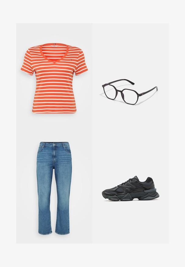 T-shirt à rayures rouges et blanches à manches courtes avec un décolleté en V et un petit logo sur la poitrine gauche. Fabriqué dans un matériau doux et extensible.; Jean en denim bleu clair avec une coupe droite, comportant cinq poches, des passants de ceinture et un léger délavage sur le devant.; Chaussure de course noire mettant en avant un mélange de mesh et de matériaux synthétiques, avec une semelle épaisse, un design arrondi et un logo bien visible sur le côté.; Lunettes noires en plastique avec une monture octogonale, dotées de verres transparents et d'accents en métal argenté à l'avant et sur la branche.