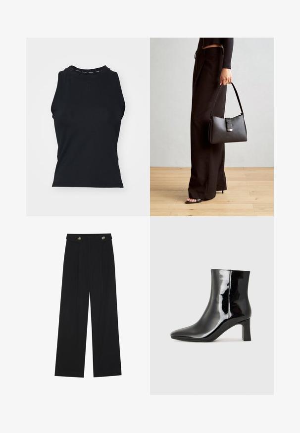 Black sleeveless top with a high neckline. Made from a smooth, stretchy fabric featuring a logo printed on the collar. Minimalist design.; Black wide-leg trousers with high waist, button details on waistband, and front pleats.; Black patent leather ankle boot with a pointed toe and a mid-height block heel. Smooth texture and minimalist design.; Black handbag with structured shape, smooth texture, and a metallic clasp. Paired with wide black pants and open-toe sandals on wooden floor.