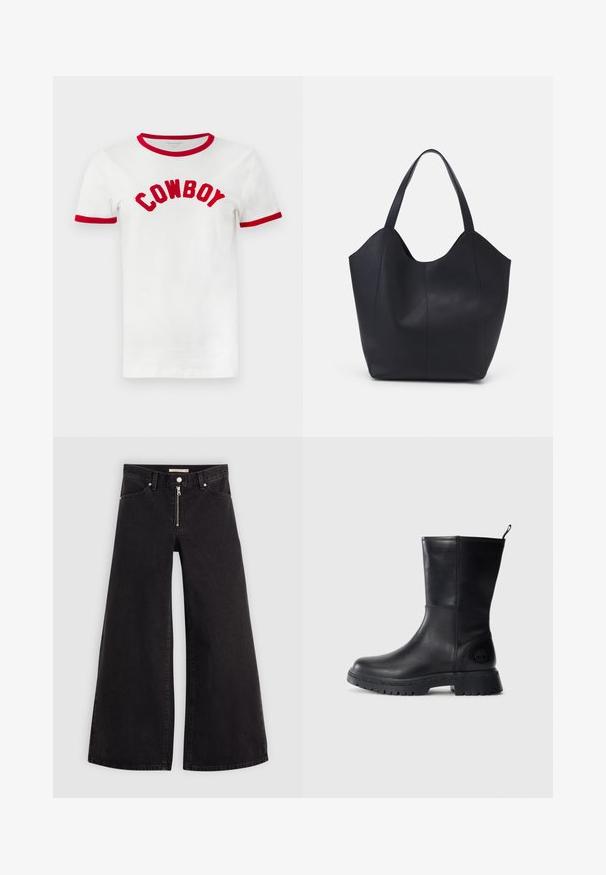Bela bombažna majica s katero rdečim obročem okoli vratu in rokavih. Na prsih je napis "KOVBOJ" v poglobljenih, rdečih izvezenih črkah.; Široke traperice iz črnega denima z zadrgo spredaj, petimi žepi in diskretnimi šivi. Gladka tekstura in ležeren slog.; Črne usnjene gležnjarje z robustnim podplatom z odprtinami, gladko površino in logotipom na strani. Imajo tudi zanko za enostavno obuvanje.; Črna torba v obliki tote iz gladke usnjene površine, ki ima ukrivljen odprt vrh z dvema naramnicama in minimalističnim dizajnom.