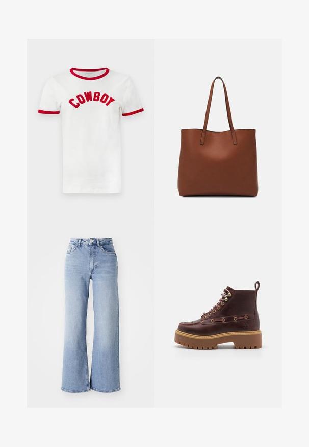 Bela bombažna majica s katero rdečim obročem okoli vratu in rokavih. Na prsih je napis "KOVBOJ" v poglobljenih, rdečih izvezenih črkah.; Svijetloplave traperice visokog struka, širokih nogavica, s prednjim i stražnjim džepovima, kopčanjem na dugme i suptilnim izblješnjenjem na bedrima i rubovima.; Timberland STONE STREET BOOT - Gležnjarji z vezalkami - burgundy; Rjava usnjena torba z gladko teksturo, odprto zasnovo zgoraj in dvema naramnima trakovoma. Opremljena je z minimalnim šivanjem in brez vidnih kovinskih delov.