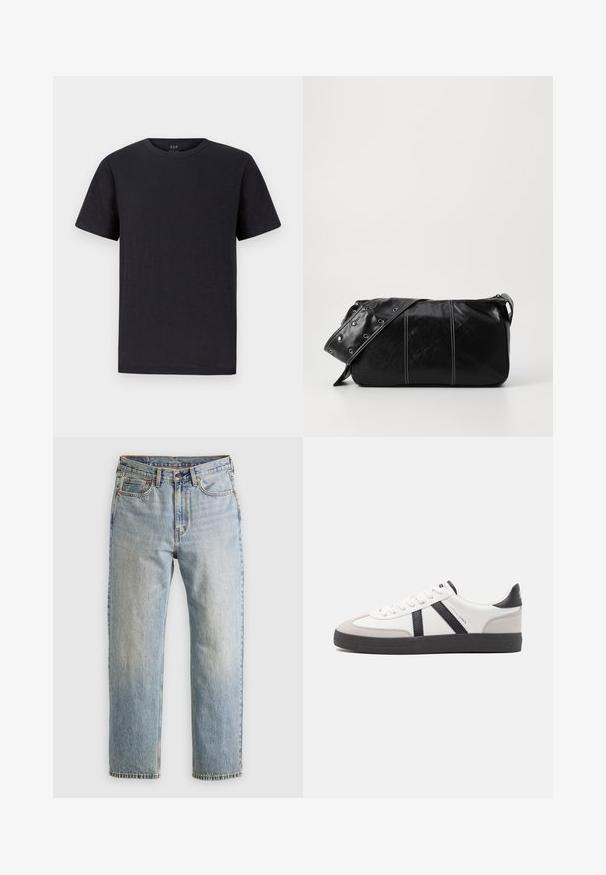 Svart t-shirt i ett mjukt, lätt tyg med klassisk rund halsringning och korta ärmar. Enkel, enfärgad design utan mönster eller dekorationer.; Ljusblå denimjeans med hög midja, framknäppning, dragkedja och femficksdesign, placerade platt på en neutral bakgrund.; Vit sneaker med svarta och grå accenter, med en strukturerad grå tådel, svart gummisul, och platta vita skosnören. Ren design, minimalistisk stil.; Svart läder axelväska med dragkedjestängning, som har en texturerad yta, vit sömnad och ett bälte med silveröglor.