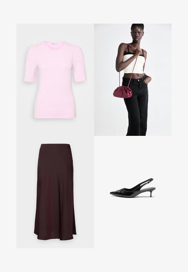 Rožinė trumpomis rankovėmis marškinėliai su pūstomis petnešomis. Pagaminta iš minkštos, elastingos medžiagos. Su apvaliu iškirpimu. Lygus paviršius ir prigludusi forma.; Bordo satino midi sijonas su lygiu paviršiumi, tiesiu siluetu ir šiek tiek platėjančiu apmušalu. Nėra matomų raštų ar detalių.; Juodos odinės slingback aukštakulniai su smailiu nosiu, mažais katės kulnais ir dekoratyvine mazgo detale priekyje. Visas paviršius lygus.; Bordo minkštas audinys rankinukas su susiraukšlėjimu ir ilgu dirželiu, dėvimas per kūną. Modelis vilki baltą trumpą palaidinę ir juodas džinsus.