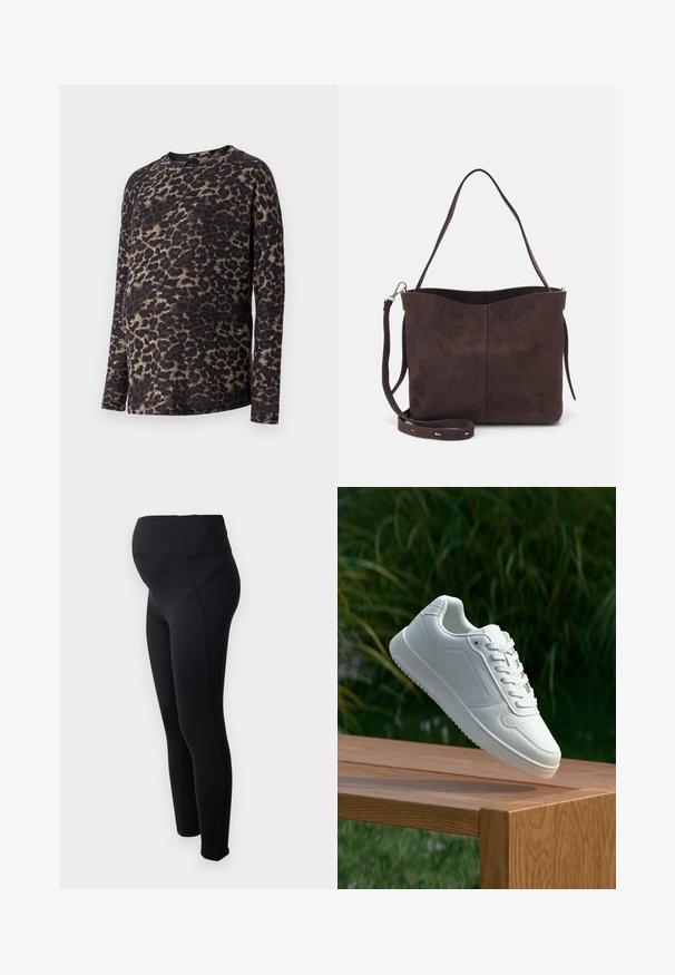 Tricou cu mânecă lungă în imprimeu leopard, având guler rotund și material moale. Culoarele principale sunt negru și maro, cu accente bej deschis.; Leggings negre pentru maternitate cu talie înaltă, realizate dintr-un material elastic. Au o textură netedă și un design ajustat pentru confort.; Sneaker alb cu un upper sintetic neted, cu vârf perforat, șireturi plate și o talpă texturată, expus pe o suprafață de lemn.; Geantă tote din suede maro, cu o textură moale, având un singur mânere pentru umăr și o deschidere superioară subtil curbată. Fără detalii hardware vizibile.