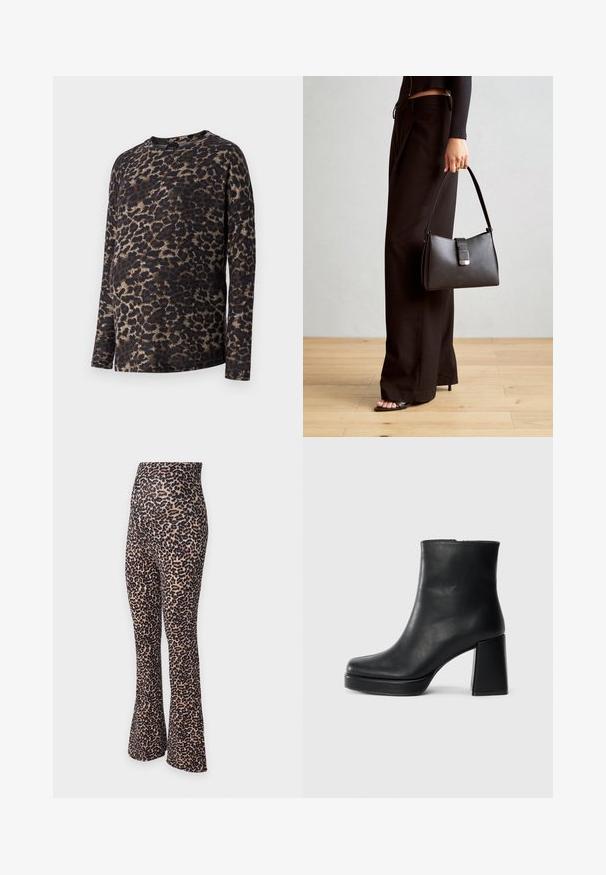 Pikendatud varrukatega top, millel on leopardimuster, ümar kaelus ja pehme kangas. Peamised värvid on must ja pruun koos heledate beežide aktsentidega.; Leopardimustriga laienevad legginsid kõrge vöökohaga. Valmistatud venivast kangast, millel on beež alus ja mustad täpikad mustrid.; Must musta ankle boot, milleplokk-konts ja platvormi tallaga, vaadatud küljelt ühetoonilise valge tausta peal.; Must musta kott, millel on struktureeritud kuju, sile tekstuur ja metallist klamber. Kombineeritud laiate mustade pükstega ja avatud varvaste sandaalidega puidust põrandal.