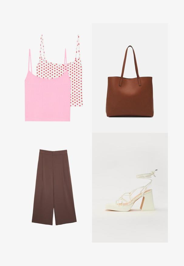 Due top in maglia: uno rosa solido con texture a coste e uno bianco con stampa a cuori rossi. Ognuno ha spalline sottili e un piccolo fiocchetto decorativo.; Pantaloni ampi marroni con una texture liscia, caratterizzati da una vita alta e pieghe frontali. Il tessuto è leggero e scorre liberamente.; Sandalo bianco con tacco alto, caratterizzato da un design a cinturini e un legaccio alla caviglia. Texture liscia con una piattaforma frontale per un'altezza aggiuntiva.; Borsa tote in pelle marrone con texture liscia, design con apertura superiore e due spallacci. Presenta cuciture minime e nessun hardware visibile.