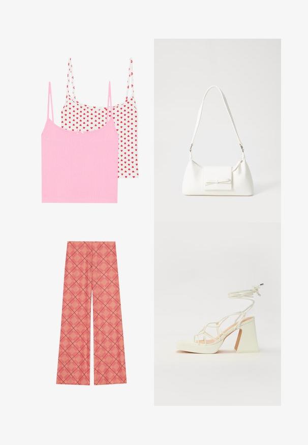 Divi topi: viens vienkrāsains rozā ar ribotu faktūru un otrs balts ar sarkano sirds rakstu. Abiem ir plānas siksnas un neliels dekoratīvs mezgls.; Plaši bikses, izgatavotas no ražotā auduma korallkrāsā ar režģa rakstu un šķērsotām līnijām tumšāk sarkanā krāsā. Mīksta tekstūra, brīvs piegriezums.; Baltas augstpapēžu sandales ar masīvu papēdi, ar siksnu dizainu un potītes saistītiem elementiem. Gluda tekstūra ar platformu priekšpusē, lai nodrošinātu papildu augstumu.; Balta sintētiska soma ar trīsstūrveida formu, plakanu priekšējo vāciņu un loku detaļu, regulējamu siksnu, gludu tekstūru un minimālistisku dizainu.