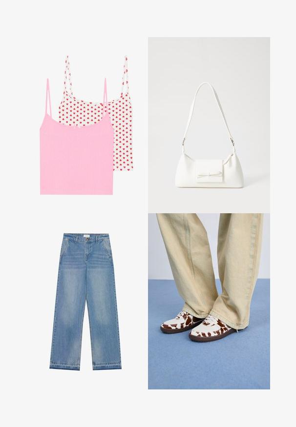 Zwei Tanktops: eines in einheitlichem Pink mit gerippter Struktur, und eines in Weiß mit roten Herzmotiven. Jedes hat dünne Träger und eine kleine dekorative Schleife.; Helle blaue hochgeschnittene Schlagjeans mit Knopfverschluss, Fronttaschen, Gürtelschlaufen und subtilen Ausbleichungen.; Weiße und braun gemusterte Sneakers aus Mesh und Leder, mit braunen Gummisohlen. Kombiniert mit hellbeigen, weit geschnittenen Hosen.; Weiße synthetische Handtasche in dreieckiger Form, flache Vorderklappe und Schleifendetail, verstellbarer Trageriemen, glatte Textur und minimalistisches Design.
