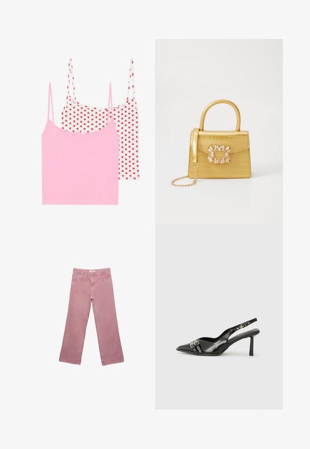 To sæt toppe: en ensfarvet pink med ribbet tekstur, og en hvid med rødt hjerteprint. Hver har tynde stropper og en lille dekorativ sløjfe.; Lyserøde brede jeans lavet af denim, med højt talje, forlommer og diskrete syninger. Glat tekstur uden mønstre.; Sorte patenterede læderslagback sko med spids tå, ankleremme med sølvspænder og hardware samt en slank hæl.; Gul faux-krokodille skuldertaske med struktureret design, top-håndtag, aftagelig kædetraske og dekorativ krystaldekoration på låsen.