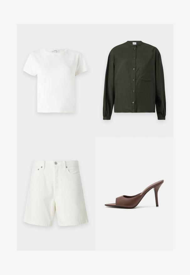 Balta kokvilnas T-kreklā ar īsām piedurknēm, apaļu kakla izgriezumu un brīvu piegriezumu. Etiķete redzama pie apkakles, gluda tekstūra. Vienkāršs dizains, bez rakstiem.; Tumši zaļš krekls ar stāvā apkaklītē, garām piedurknēm, krūšu kabatu un gludu, teksturētu audumu.; Balti denima šorti ar taisnu piegriezumu, piecu kabatu dizainu, priekšējo pogu aizdari, sudraba detaļām un izšūtiem apdarēm.; Brūni ādas atvērtas pirksta augstpapēžu čības ar elegantu dizainu, kas iezīmējas ar plašu priekšējo siksniņu un slaidu stiletto papēdi.