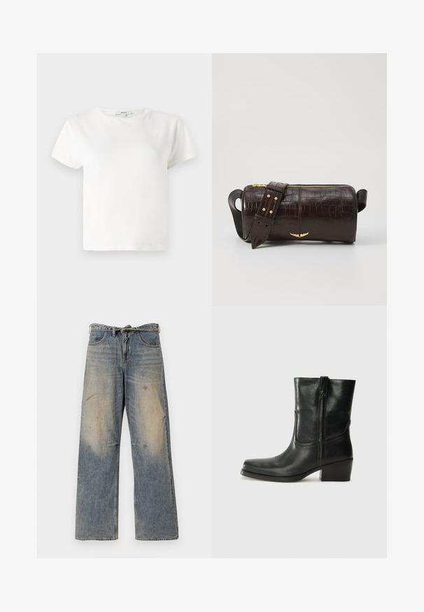 White cotton t-shirt with short sleeves, round neckline, and a relaxed fit. Tag visible at the collar, smooth texture. Simple design, no patterns.; Light blue denim jeans with a loose, straight-leg design. Features whiskering, fading, and distressed details near knees. Classic five-pocket style.; Black leather ankle boot with a rounded toe, block heel, side zipper, and stitching accents on the vamp. Smooth texture, classic design.; Brown crocodile-embossed leather bag with a cylindrical shape, gold-tone hardware, and a detachable strap featuring studs.