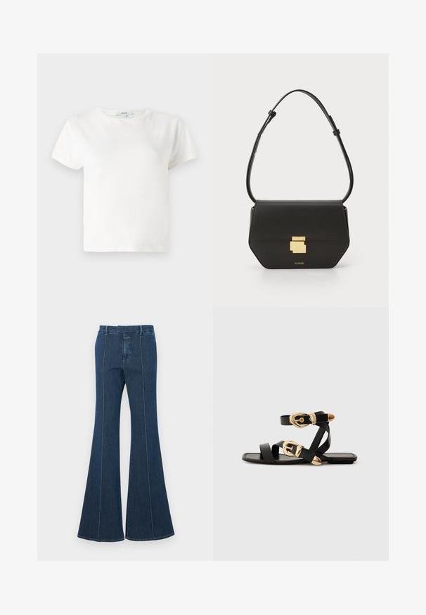 Biely bavlnený tričko s krátkymi rukávmi, okrúhlym výstrihom a uvoľneným strihom. Štítok viditeľný na golieri, hladká textúra. Jednoduchý dizajn, bez vzorov.; Džínsy so širokými nohavicami v tmavomodrej farbe, s precízne prešitými švami a čistým vzhľadom. Majú stredne vysoký pás a široké, voľne splývajúce nohavice.; Čierne kožené sandále so zlatými prackami, s viacerými pásikmi a plochou podrážkou pre otvorené nosenie.; CLOSED CLOSED ONE - Taška cez plece - black