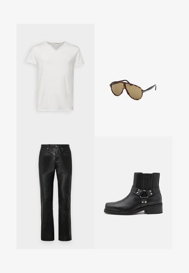 T-shirt bianca a maniche corte realizzata in morbido cotone. Presenta un colletto a V con un dettaglio di bottone decorativo vicino al collo. Texture liscia.; Pantaloni in pelle nera con design a gamba dritta, dotati di chiusura con bottone, quattro tasche e texture liscia. Dettagli di cuciture rinforzate visibili.; The Kooples CHAUSSURES - Stivaletti texani / biker - black; Occhiali da sole tartarugati con lenti marroni, stile aviator, caratterizzati da un design elegante della montatura e dettagli metallici sulle aste.
