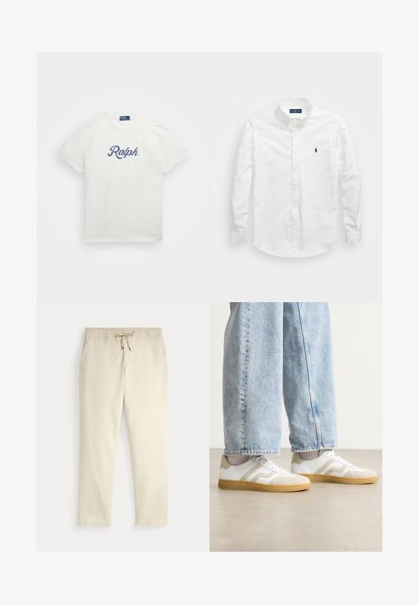 Bílý bavlněný tričko s námořnickým modrým vyšitým logem "Ralph" na přední straně. Klasický kulatý výstřih, krátké rukávy a volný střih.; Bílé košile na knoflíky vyrobené z bavlny. Má špičatý límec, dlouhé rukávy a malé námořnické logo na hrudi. Hladká textura.; Krémové casual kalhoty s elastickým pasem a stahovací šňůrkou, rovné nohavice a boční kapsy na jednoduchém pozadí.; Bílé tenisky s béžovými semišovými akcenty a světlými gumovými podrážkami; mají nízký střih a strukturované detaily na svršku.