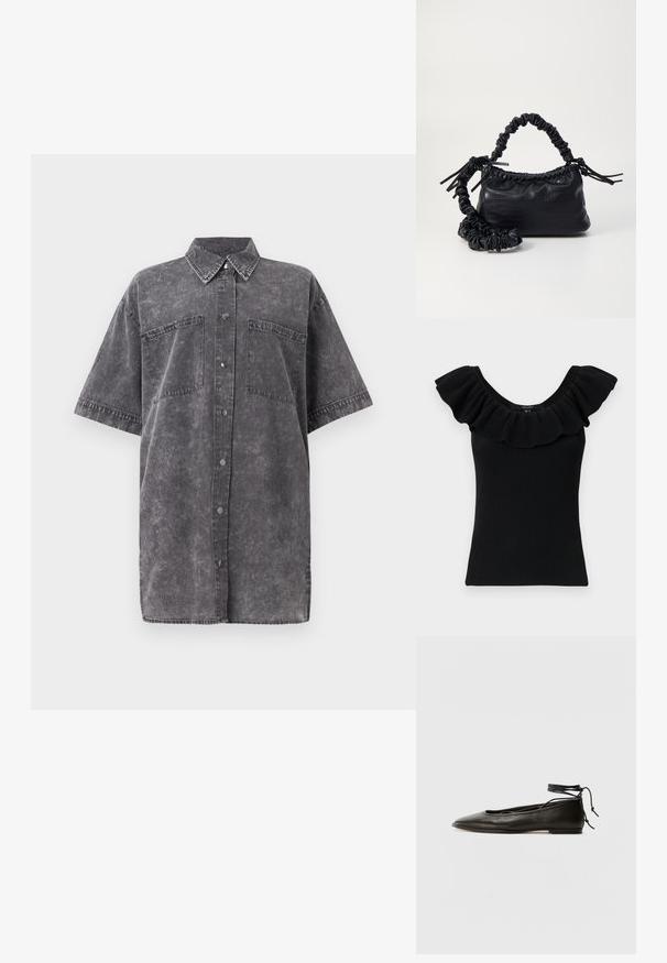 Schwarzes, geribbeltes Tanktop mit breiten, gefransten Ärmeln und einem runden Ausschnitt. Strukturierter Stoff, taillierte Form, einfaches Design, keine zusätzlichen Akzente.; Graue Denim-Übergroße Bluse mit kurzen Ärmeln, Frontknopfverschluss, zwei Brusttaschen und einer verblassten Textur. Klassischer Kragenstil.; Schwarze Leder-Ballerinas mit spitzem Zehenbereich, Knöchelband und flacher Sohle, die eine glatte Textur und ein minimalistisches Design aufweisen.; Schwarze Handtasche aus Kunstleder mit Krokodilstruktur, gerafftem oberen Teil und einem geschoppten Tragegurt. Sie wirkt weich und kompakt im Design.