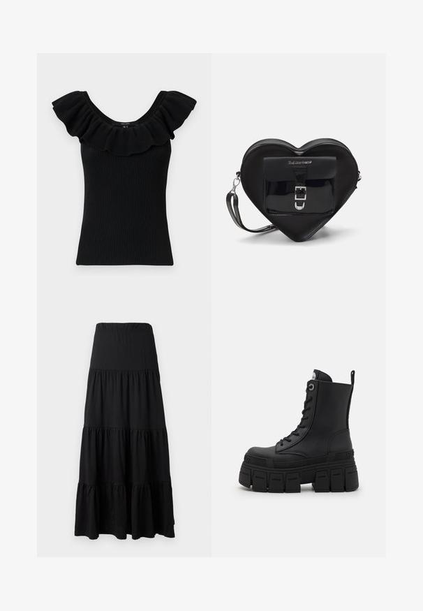 Must mustriba tank top laiad rippidega varrukad ja ümmargune kaelus. Tekstureeritud kangas, keha lähedane lõige, lihtne disain, ilma lisadeta.; Mustmustel mustriba, mis on valmistatud pehmest kangast, omab kihtide disaini elastse vöökoha ja volangiliste aktsentidega hemars. ; Buffalo GOSPHER LACE UP MID - Nööritavad poolsaapad - black; Mustast südamekujulise kotiga, mis on valmistatud lakitud nahast. Ees on tasku, millel on klambri sulgemine ja eemaldatav rihm. Hõbedased detailid.