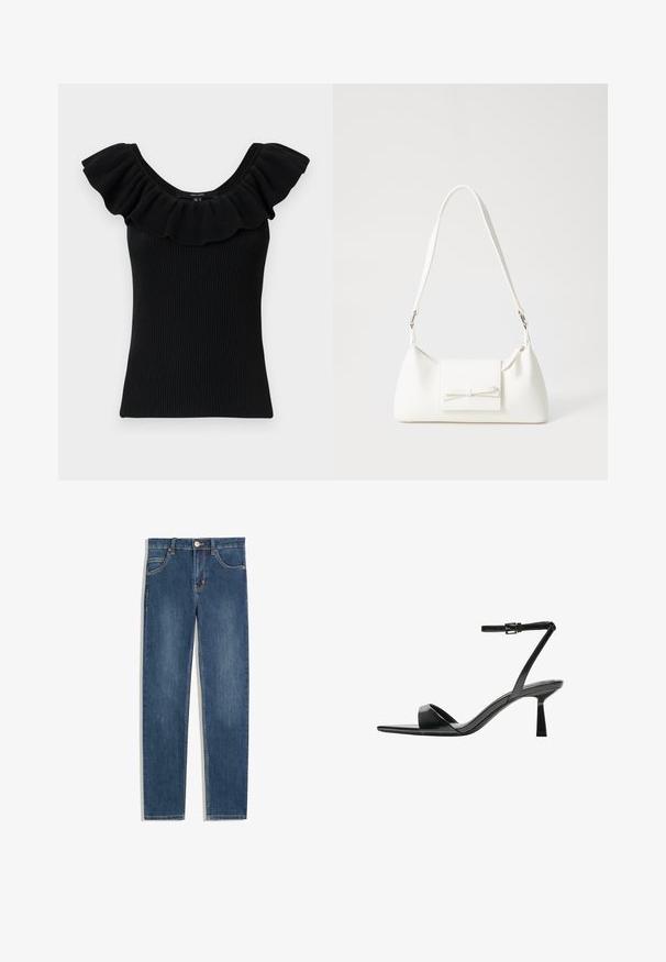 Black ribbed tank top with wide ruffled sleeves and a scoop neckline. Textured fabric, fitted shape, simple design, no additional accents.; Dark blue denim jeans with a straight fit, five pockets, subtle stitching detail, and a metal button at the waist.; Bershka High heeled sandals - black; White synthetic handbag with a triangular shape, flat front flap and bow detail, adjustable strap, smooth texture, and minimalistic design.