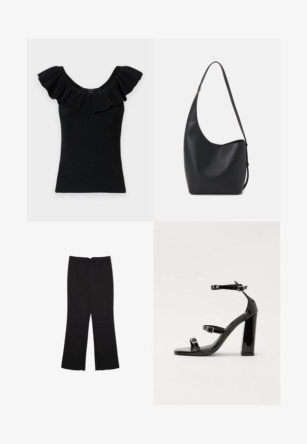 Top in cotone nero a righe con ampie maniche a volant e scollo rotondo. Tessuto testurizzato, forma aderente, design semplice, senza ulteriori accenti.; Pantaloni neri a gamba dritta, con tasche frontali e spacchi laterali all'orlo. Realizzati in tessuto morbido e liscio. Adatti a diverse occasioni.; Sandali con tacco in vernice nera, con punta squadrata, cinturini alla caviglia e fibbie in argento. Presentano un tacco a blocco spesso per maggiore stabilità.; Borsa hobo nera in pelle con una superficie liscia, forma curvata e una singola tracolla regolabile; presenta un'ampia apertura nella parte superiore.