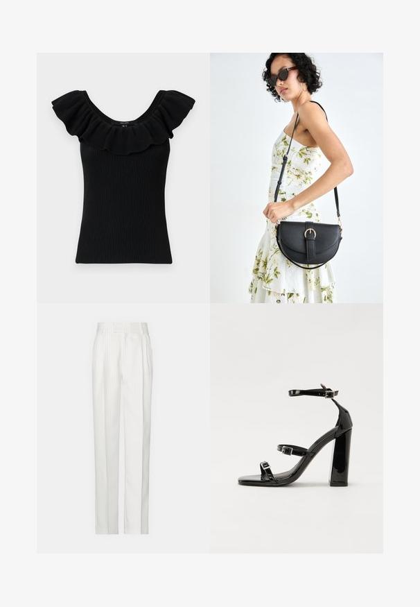 Musta ribattu hihaton paita, jossa on leveät röyhelösleeveet ja pyöreä pääntie. Kankaan pinta on teksturoitu, muoto on istuva, ja design on yksinkertainen ilman ylimääräisiä koristeita.; Valkoiset raitapantalot suoralinjaisella designilla, valmistettu kevyestä kankaasta. Edessä on laskoksia ja perinteinen vyötärö.}}; Musta kiiltävä korkokenkä sandaalit neliönmuotoisella varpaalla, nilkkaremmillä ja hopeisilla soljilla. Varustettu tukevalla lohkokorkealla vakauden takaamiseksi.; Musta nahkainen käsilaukku, joka on kaareva muotoilultaan, irrotettavalla hihnalla ja kultaisilla yksityiskohdilla. Laukussa on läppä, jossa on solk yksityiskohta.