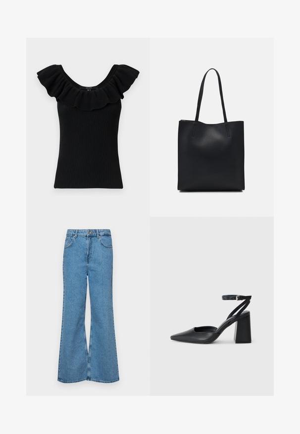 Top din bumbac negru, cu dantelă cu volane late și decolteu rotund. Material texturat, formă ajustată, design simplu, fără accente suplimentare.; Jeanși evazați de culoare albastru deschis, din denim, cu talie înaltă, cinci buzunare și închidere cu un singur buton. Textură moale cu un finisaj decolorat.; Pantofii cu toc ascuțit din piele neagră, cu breteaua pentru glezne și toc gros. Textură netedă, design elegant și estetică minimală.; Geantă tote neagră din piele, cu textură netedă, formă rectangulară și două mânere lungi. Fără hardware vizibil sau ornamente.
