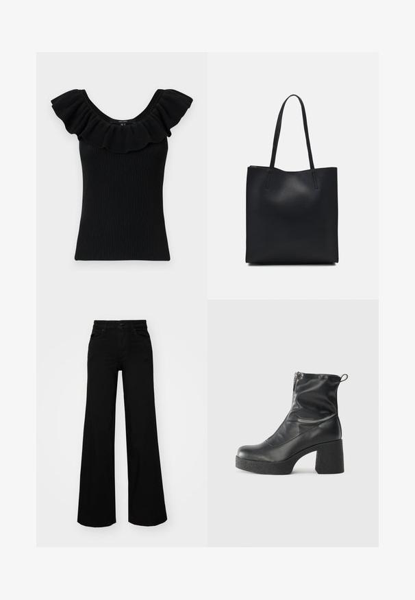 Schwarzes, geribbeltes Tanktop mit breiten, gefransten Ärmeln und einem runden Ausschnitt. Strukturierter Stoff, taillierte Form, einfaches Design, keine zusätzlichen Akzente.; Schwarze weit geschnittene Hose aus Denim, mit einem strukturierten Bund, Gürtelschlaufen und Fronttaschen. Glatte Textur mit klassischem Design.; Schwarze Stiefeletten aus glattem Leder mit seitlichem Reißverschluss, klobigem strukturiertem Absatz und runder Zehenform.; Schwarze Laptoptasche aus Leder mit glatter Textur, rechteckiger Form und zwei langen Griffen. Keine sichtbaren Beschläge oder Verzierungen.