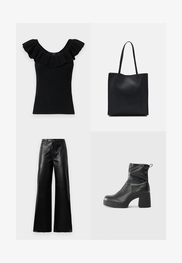 Black ribbed tank top with wide ruffled sleeves and a scoop neckline. Textured fabric, fitted shape, simple design, no additional accents.; Black high-waist wide-leg faux leather pants with front button, zip closure, belt loops, and side pockets on white background.; Black ankle boots made of smooth leather, featuring a side zipper, chunky textured heel, and rounded toe design.; Black leather tote bag with smooth texture, rectangular shape, and two long handles. No visible hardware or embellishments.