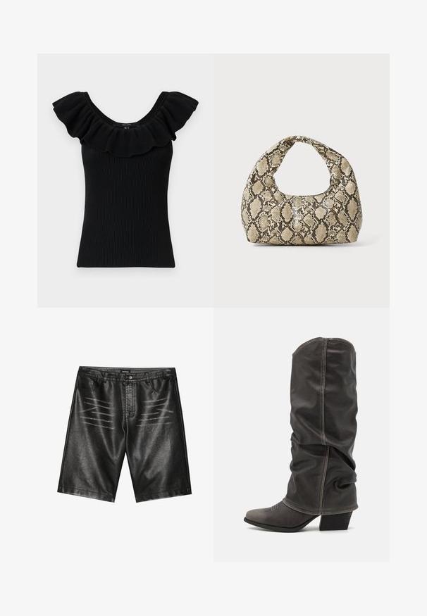 Schwarzes, geribbeltes Tanktop mit breiten, gefransten Ärmeln und einem runden Ausschnitt. Strukturierter Stoff, taillierte Form, einfaches Design, keine zusätzlichen Akzente.; Schwarze Shorts aus Kunstleder mit glatter Textur, fünf Taschen und subtilen Streifenakzenten auf der Vorderseite. Klassisches gerades Design.; Graue Lederstiefel bis zur Wade mit einem lässigen Design, spitzer Zehenform und gestapelt Hohem Absatz. Auffällige Nähte im Bereich der Zehen.; Schlangenmuster-Tasche mit einem gebogenen Griff. Hergestellt aus strukturierten, beige- und braunfarbenen Materialien, die ein markantes Diamantmuster aufweisen.