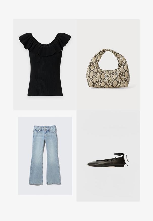 Schwarzes, geribbeltes Tanktop mit breiten, gefransten Ärmeln und einem runden Ausschnitt. Strukturierter Stoff, taillierte Form, einfaches Design, keine zusätzlichen Akzente.; Weekday NOVA - Jeans Slim Fit - lip blue; Schwarze Leder-Ballerinas mit spitzem Zehenbereich, Knöchelband und flacher Sohle, die eine glatte Textur und ein minimalistisches Design aufweisen.; Schlangenmuster-Tasche mit einem gebogenen Griff. Hergestellt aus strukturierten, beige- und braunfarbenen Materialien, die ein markantes Diamantmuster aufweisen.