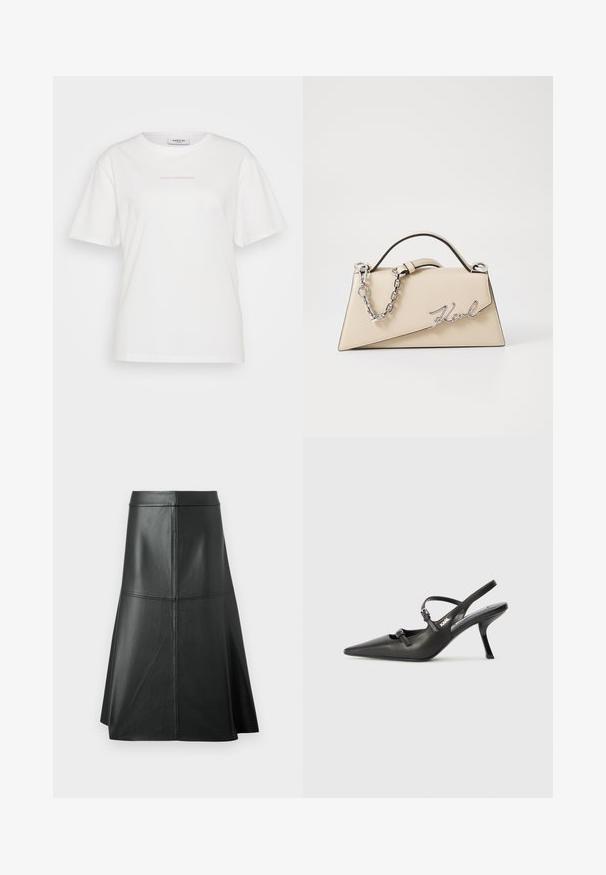 MSCH Copenhagen SMALL LOGO TEE - T-shirt basic - white; Gonna nera in pelle a forma A, texture liscia, lunghezza a metà polpaccio, presenta dettagli di cucitura orizzontale in vita e nelle cuciture per un maggiore supporto.; Scarpe slingback nere in pelle con punta affilata, tacco sottile e dettaglio decorativo a fibbia sulla tomaia. Texture liscia e design elegante.; Borsa a mano in pelle beige con una forma triangolare strutturata, dotata di un manico in catena argentata e di un logo in metallo scritto in corsivo.