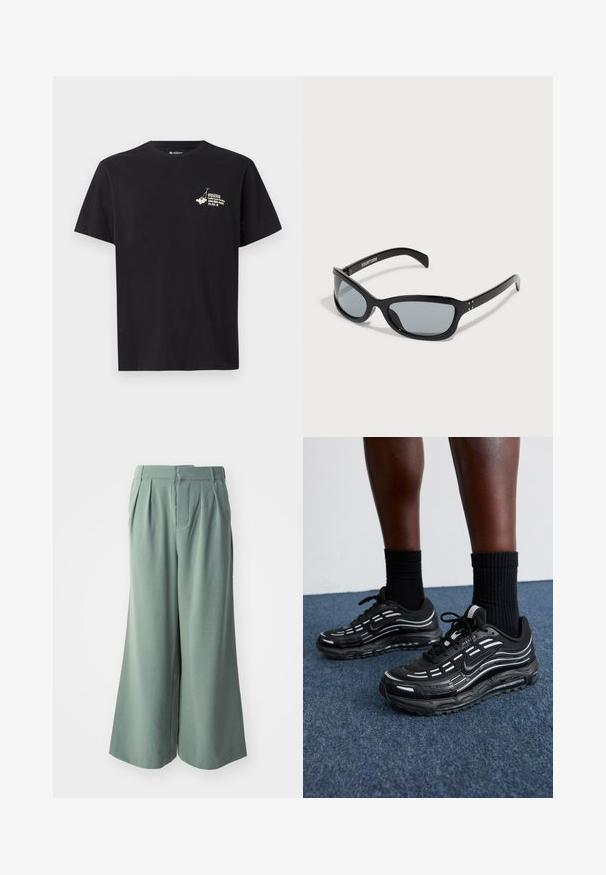 Musta puuvillane t-särk, millel on graafiline trükk vasakul rinnaosal. Klassikaline ümmargune kaelus ja lühikesed varrukad, pehme tekstuuriga.; Laiad püksid pehmest, tagasihoidlikus rohelises kangas. Omavad esiplekke, mugavat lõiget ja siledat tekstuuri. Nähtavad taskud või riistvara puuduvad.; Mustad mustad Nike'i jalanõud on varustatud võrkstruktuuriga pealispinna, aktsenttriipude, tekstuuritud paelte ja musta kummist tallaga. Kannan mustade ribakudumiste sokkidega.; Must have must gama must aastat vöötonk pruun, õhukene joond. Seda toe pruunit sõrm viidi nagunii liigub tahavad kaamerapild sõrm. Hõbedase aktsent ja signaali viskamise mini laudis on ka nuklik.