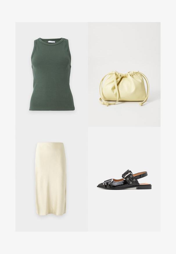 Zelený rebrovaný top bez rukávov s okrúhlym výstrihom a priliehavým strihom. Obsahuje jemnú textúru na celom povrchu.; Saténová midi sukňa v svetložltej farbe s hladkou textúrou, s bočným rozparkom a rovnými strihom. Jednoduchá a elegantná silueta.; Čierne lakované slingback topánky s ostrým nosom, ktoré majú dva veľké sponkové akcenty a detaily s očkami po stranách. Pláty. ; Žltá kožená taška s nariadeným dizajnom, nastaviteľným sťahovacím uzáverom a jedným dlhým popruhom. Minimálne značenie na spodnej strane.
