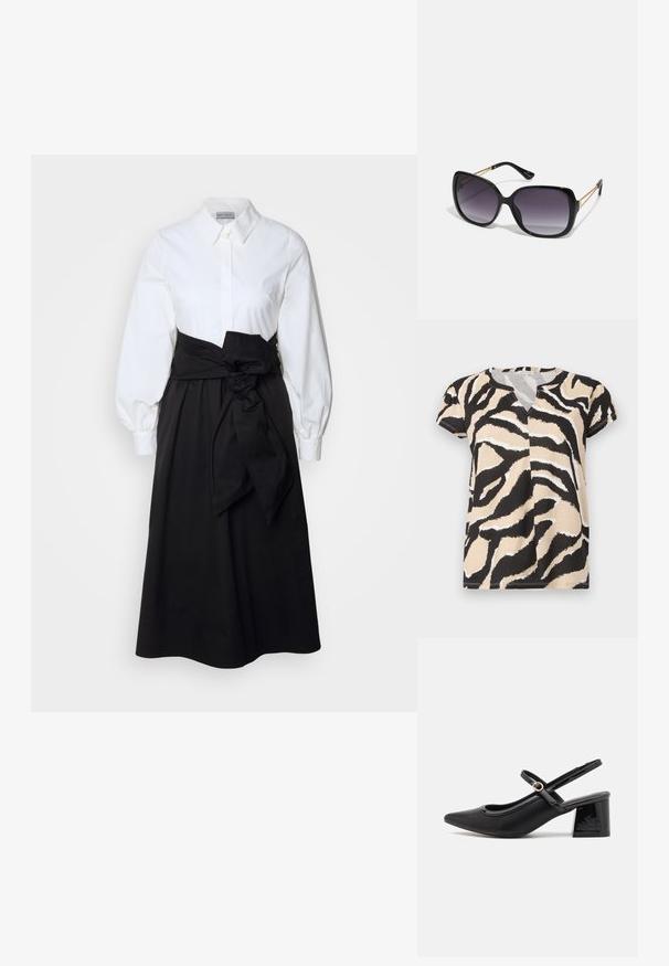 T-shirt à manches courtes avec un décolleté en V, présentant un imprimé zèbre abstrait noir, beige et blanc sur un tissu doux. Coupe décontractée.; Chemisier blanc à manches bouffantes longues, associé à une jupe noire et une ceinture en tissu nouée à la taille, fabriqué en coton lisse.; Escarpins slingback en cuir verni noir avec un embout pointu, un design à découpes arrondies et un talon carré. Présente un accent de boucle en ton doré.; Lunettes de soleil noires surdimensionnées avec des verres dégradés, monture épaisse et détails en chaîne dorée sur les branches.; Sac fourre-tout noir en matériau synthétique, avec un design rectangulaire simple, des accents carrés dorés et des doubles poignées.