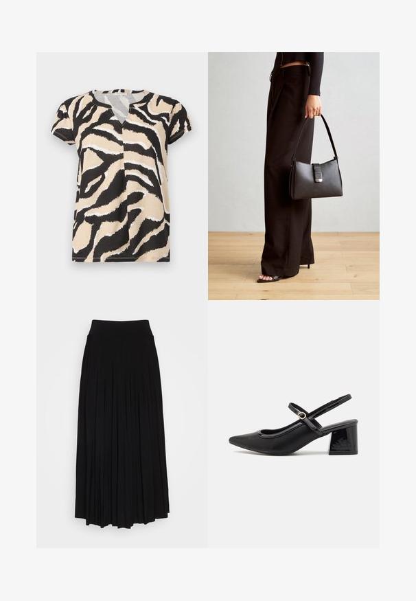 Krátký rukáv s výstřihem do V, s abstraktním zebra vzorem v černé, béžové a bílé barvě na měkké tkanině. Ležérní střih.; Černá plisovaná sukně s vysokým, elastickým pasem. Vyrobena z měkké tkaniny, se svislými sklady pro splývavý siluetu.; Černé lakované lodičky s otevřenou patou, špičatou špičkou, zaobleným střihem a blokovým podpatkem. Zdobené akcentem v zlatém tónu.; Černá kabelka se strukturovaným tvarem, hladkým povrchem a kovovým uzávěrem. Kombinována s širokými černými kalhotami a sandály s otevřenou špičkou na dřevěné podlaze.