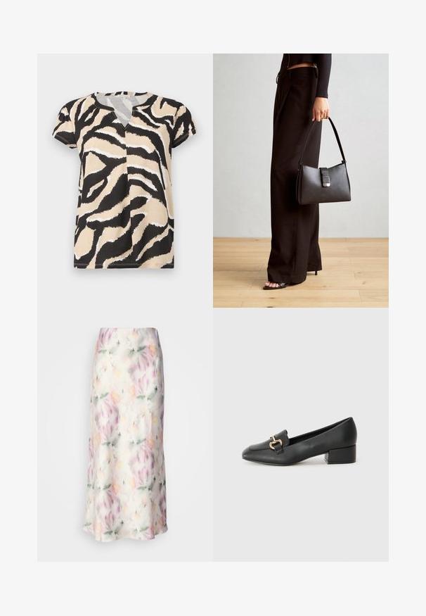 Rövidujjú felső V-kivágással, fekete, bézs és fehér absztrakt zebra mintával, puha anyagból készült. Kényelmes szabás.; Virágmintás midi szoknya könnyű anyagból, pasztell színekben készült akvarell nyomattal, áramló dizájnnal és enyhe fényességgel.; Fekete bőr loaferek lapos talppal, dekoratív arany hardware részlettel az elején és sima felülettel.; Fekete kézi táska strukturált formával, sima textúrával és fémből készült záródással. Széles fekete nadrággal és nyitott orrú szandállal párosítva, fából készült padlón.